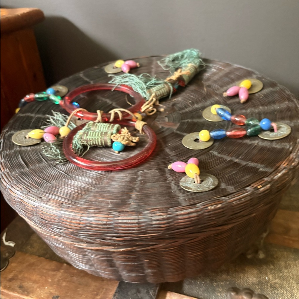 Handwoven Brown Wicker Decorative Basket with Colorful Beaded Tassel
